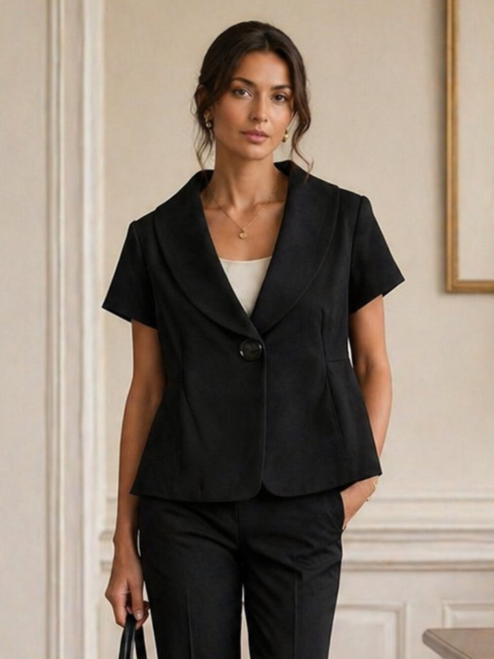 INC Black Cape Swing Jacket Size M Short Sleeve Blazer Chic Old Money Officewear